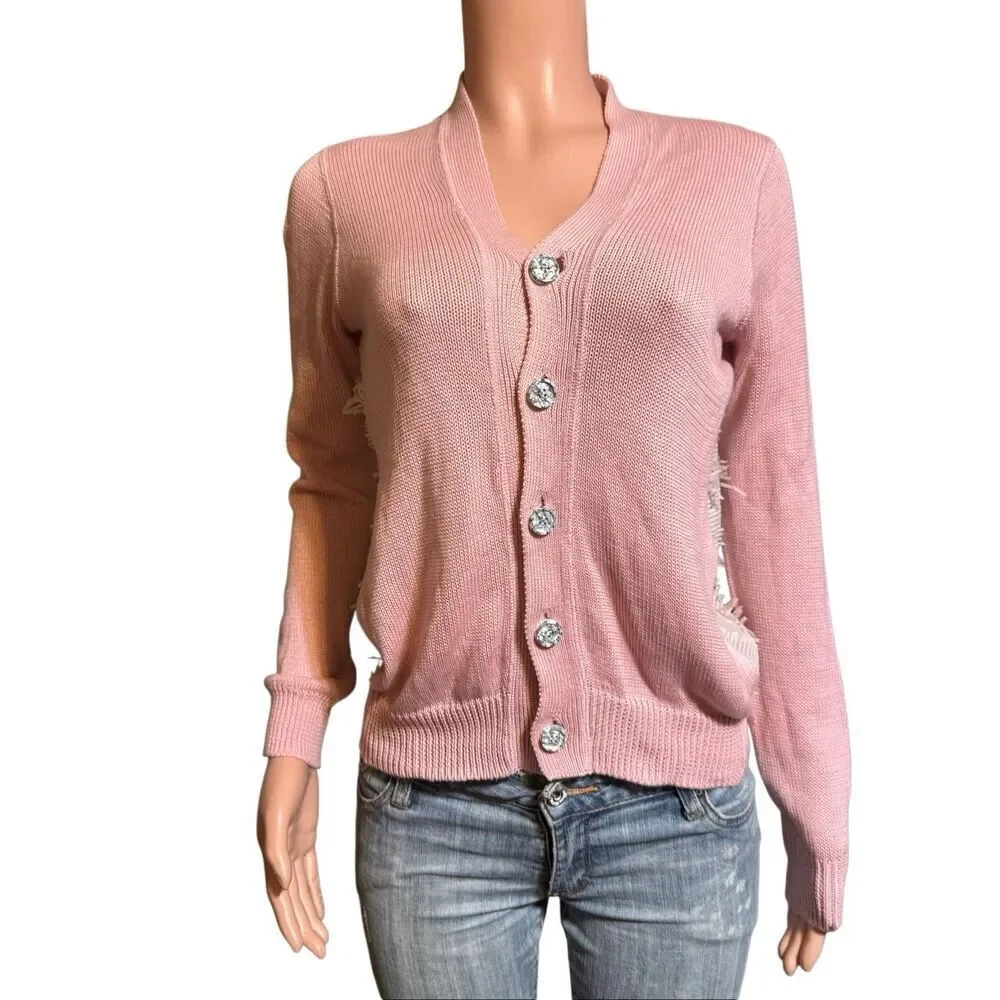 Julien David button-up long sleeve knit pink back fringe sweater S